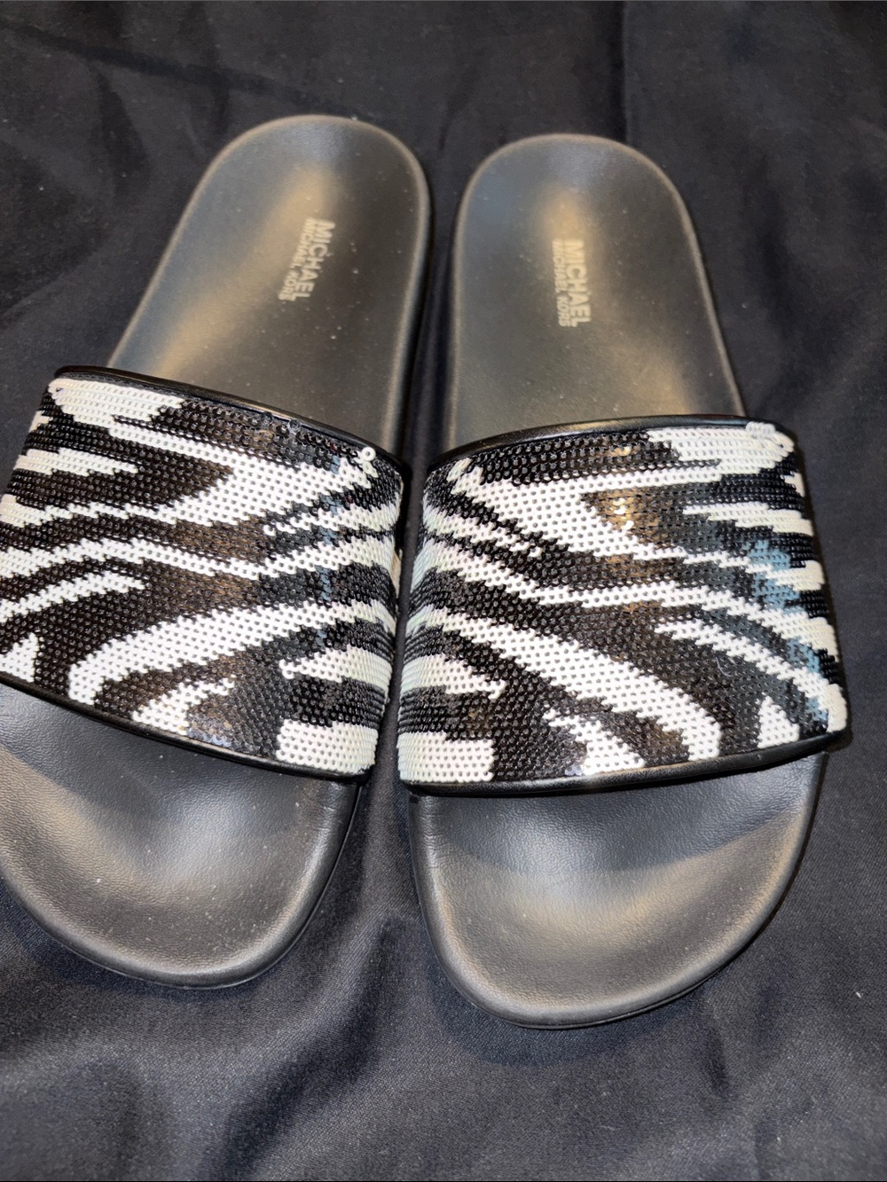 Michael Kors Black & White Sequin Zebra-Print Slide Sandals